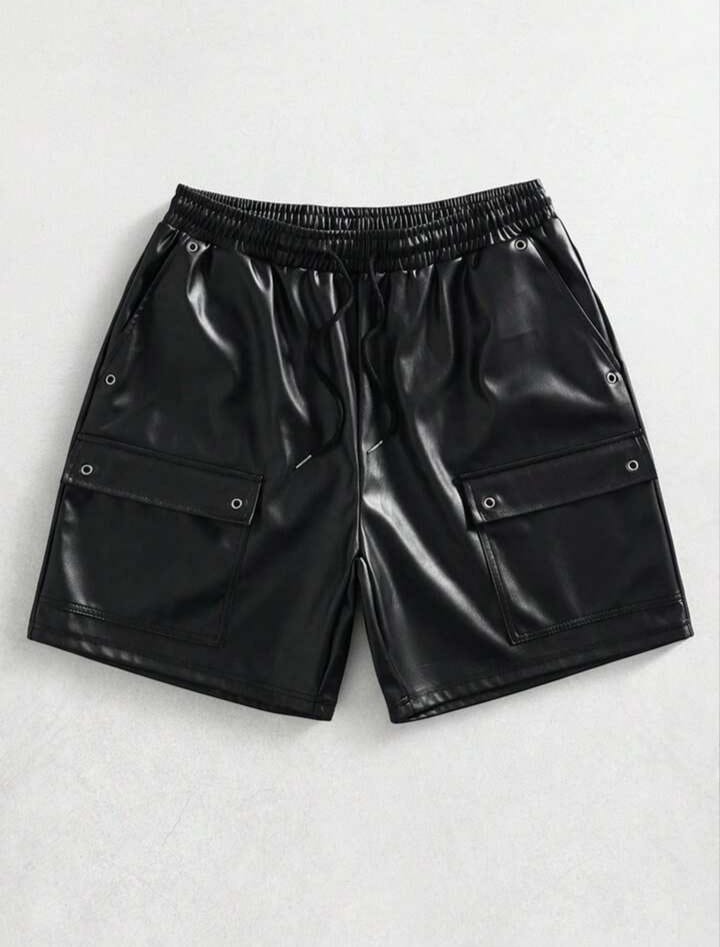 Men's Loose Drawstring Waist Cargo Pocket PU Leather Shorts